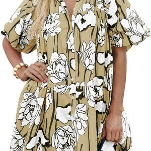 Women's Floral Summer Dress Puff Sleeve Button Down Loose Fit Casual